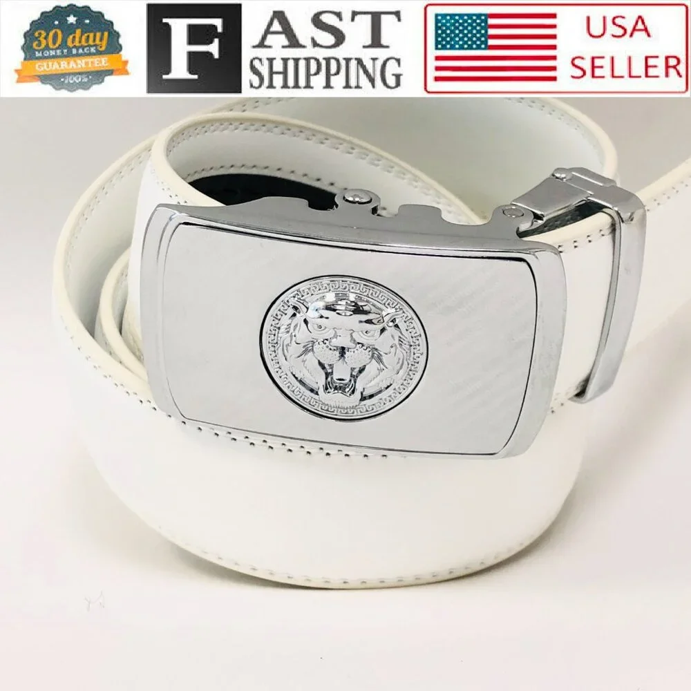 White Leather Ratchet Belt Automatic Lion‎ Buckle Adjustable Dress Belt for Men